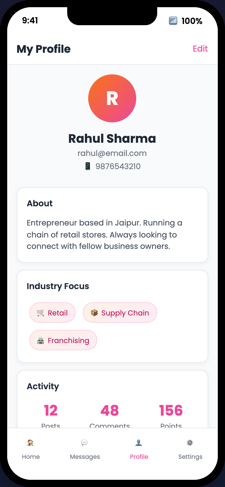 Step 6 - User profile with expertise tags, activity stats, and community points
